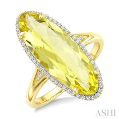 22X8 MM Evoque Gemstones Oval Shape Lemon Quartz and 1/5 Ctw Round Cut Diamond Semi-Precious Ring in 14K Yellow Gold