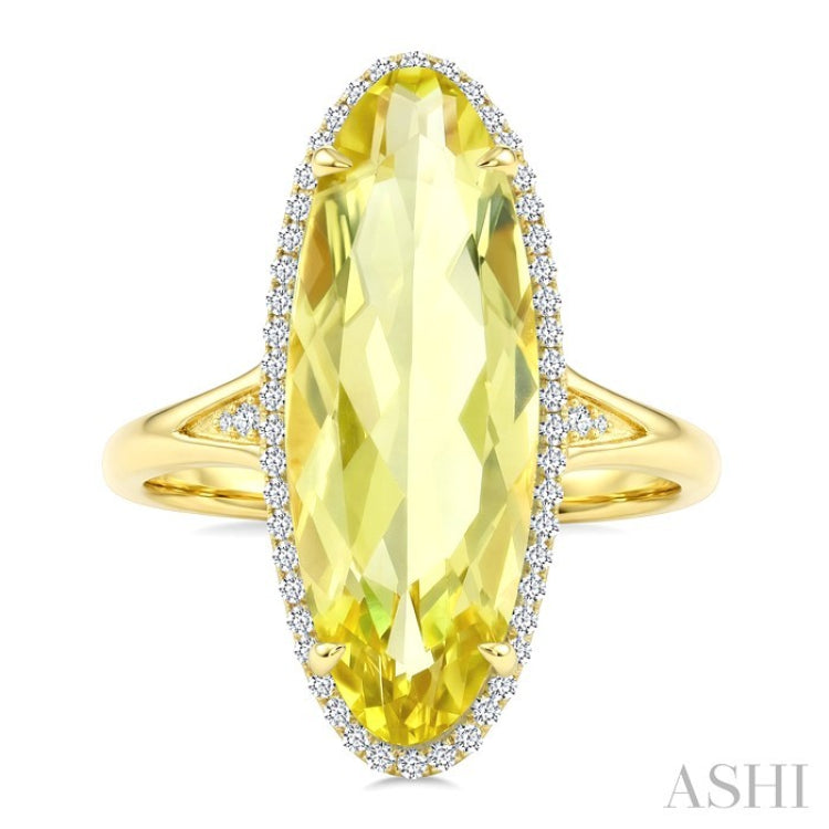 22X8 MM Evoque Gemstones Oval Shape Lemon Quartz and 1/5 Ctw Round Cut Diamond Semi-Precious Ring in 14K Yellow Gold