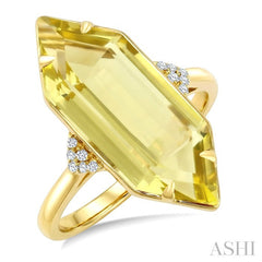 22X8 MM Evoque Gemstones Hexagon Shape Lemon Quartz and 1/20 Ctw Round Cut Diamond Semi-Precious Ring in 14K Yellow Gold