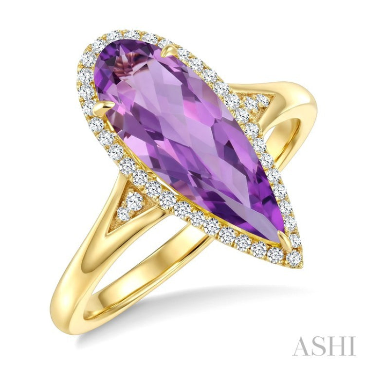 16X6 MM Evoque Gemstones Pear Shape Amethyst and 1/6 Ctw Round Cut Diamond Semi-Precious Ring in 10K Yellow Gold