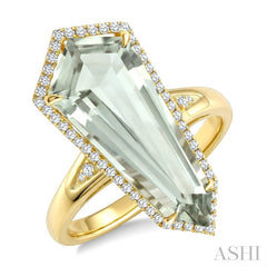 22X9 MM Evoque Gemstone Shield Shape Green Amethyst and 1/4 Ctw Round Cut Diamond Semi-Precious Ring in 14K Yellow Gold