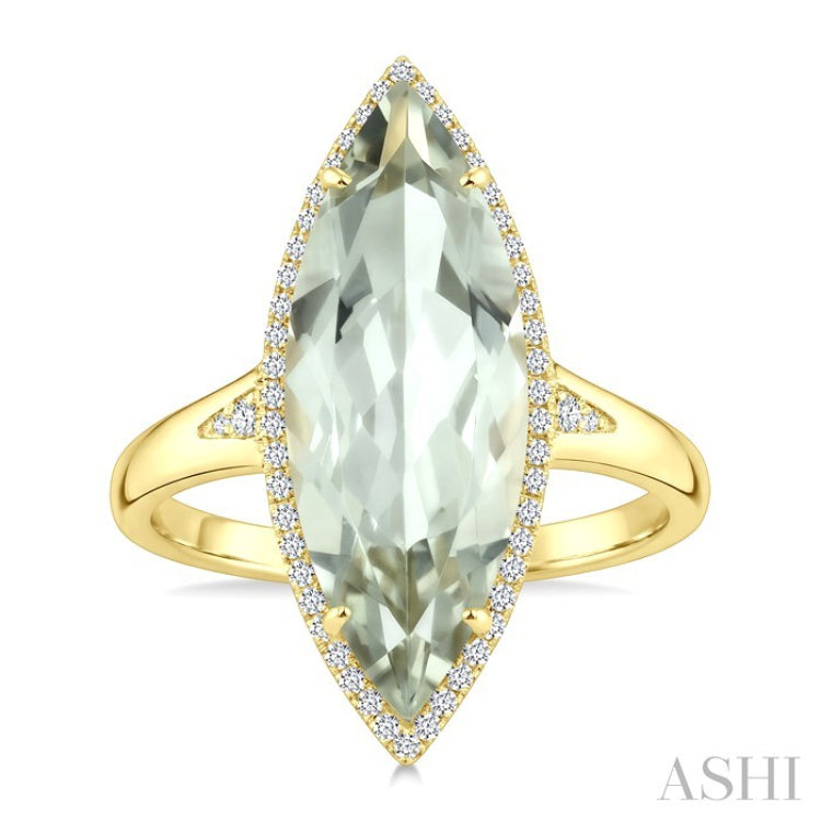 22X8 MM Evoque Gemstone Marquise Shape Green Amethyst and 1/5 Ctw Round Cut Diamond Semi-Precious Ring in 14K Yellow Gold