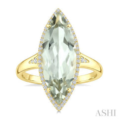 22X8 MM Evoque Gemstone Marquise Shape Green Amethyst and 1/5 Ctw Round Cut Diamond Semi-Precious Ring in 14K Yellow Gold