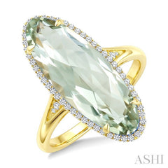 22X8 MM Evoque Gemstone Oval Shape Green Amethyst and 1/5 Ctw Round Cut Diamond Semi-Precious Ring in 14K Yellow Gold