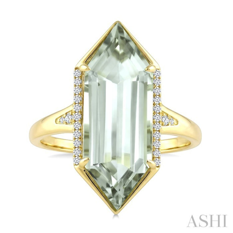 22X8 MM Evoque Gemstone Hexagon Shape Green Amethyst and 1/10 Ctw Round Cut Diamond Semi-Precious Ring in 14K Yellow Gold