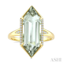 22X8 MM Evoque Gemstone Hexagon Shape Green Amethyst and 1/10 Ctw Round Cut Diamond Semi-Precious Ring in 14K Yellow Gold