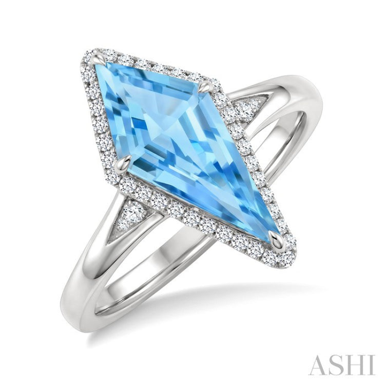 16X7 MM Evoque Gemstones Kite Shape Blue Topaz and 1/6 Ctw Round Cut Diamond Semi-Precious Ring in 10K White Gold