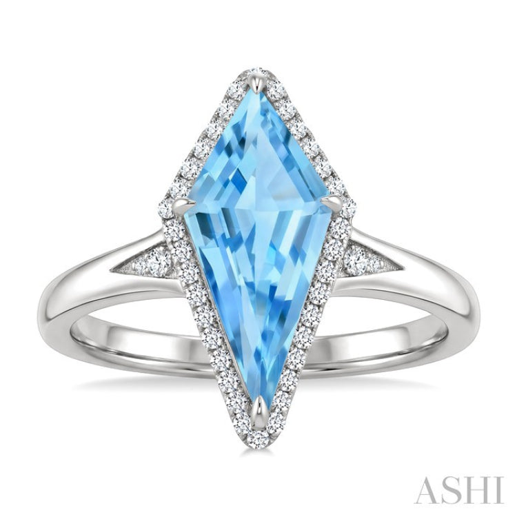 16X7 MM Evoque Gemstones Kite Shape Blue Topaz and 1/6 Ctw Round Cut Diamond Semi-Precious Ring in 10K White Gold
