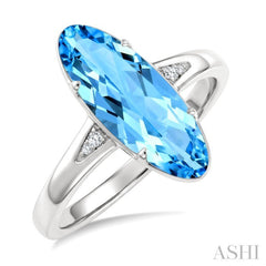 16X6 MM Evoque Gemstones Oval Shape Blue Topaz and 1/50 Ctw Round Cut Diamond Semi-Precious Ring in 10K White Gold