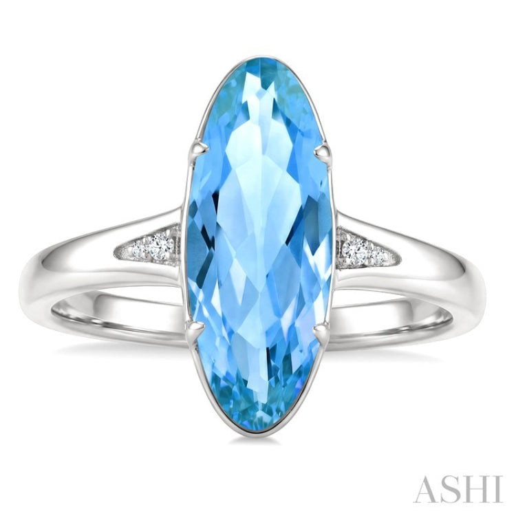 16X6 MM Evoque Gemstones Oval Shape Blue Topaz and 1/50 Ctw Round Cut Diamond Semi-Precious Ring in 10K White Gold