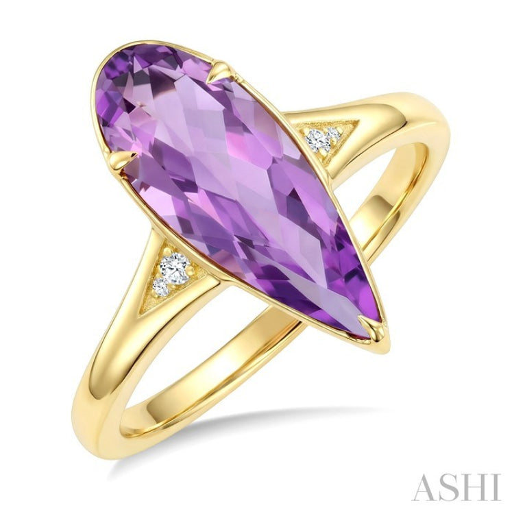 16X6 MM Evoque Gemstones Pear Shape Amethyst and 1/50 Ctw Round Cut Diamond Semi-Precious Ring in 10K Yellow Gold