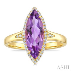 16X7 MM Evoque Gemstones Marquise Shape Amethyst and 1/6 Ctw Round Cut Diamond Semi-Precious Ring in 10K Yellow Gold