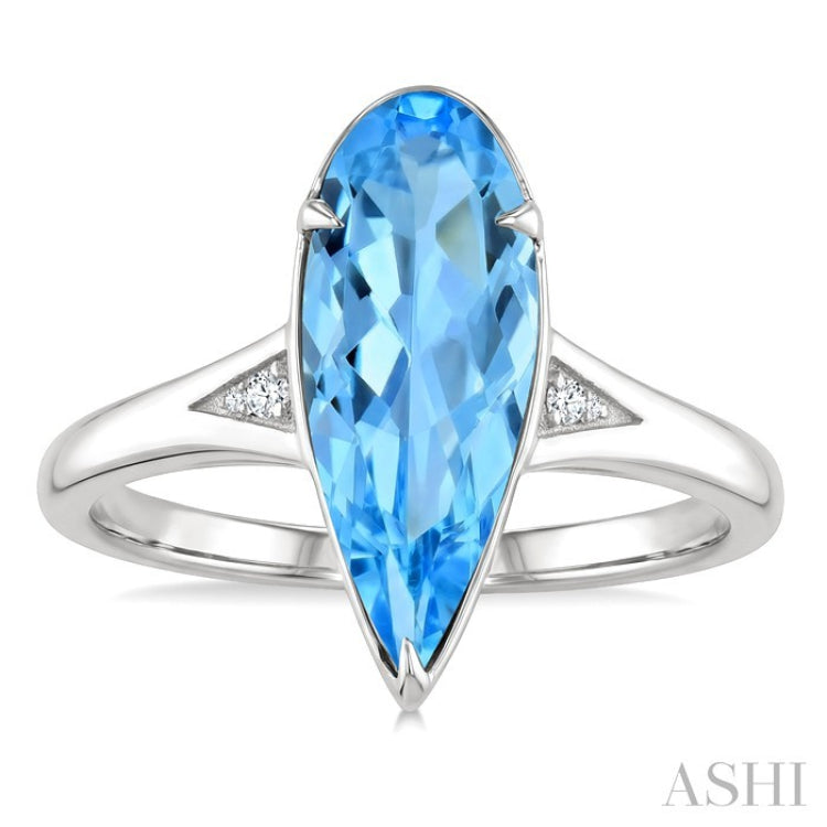 16X6 MM Evoque Gemstones Pear Shape Blue Topaz and 1/50 Ctw Round Cut Diamond Semi-Precious Ring in 10K White Gold