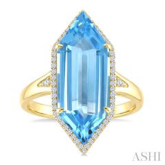 22X8 MM Evoque Gemstones Hexagon Shape Blue Topaz and 1/4 Ctw Round Cut Diamond Semi-Precious Ring in 14K Yellow Gold
