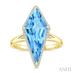 22X9 MM Evoque Gemstones Kite Shape Blue Topaz and 1/5 Ctw Round Cut Diamond Semi-Precious Ring in 14K Yellow Gold