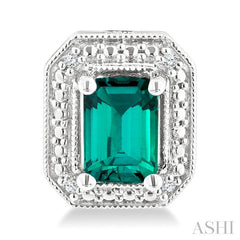 6X4 MM Octagon Shape Lab-Created Emerald and 1/50 Ctw Round Cut Diamond Precious Earrings in Sterling Silver