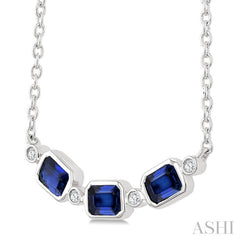 4X3MM Emerald Cut Sapphire and 1/50 Ctw Bezel Set Round Cut Diamond Precious Fashion Necklace in 10K White Gold