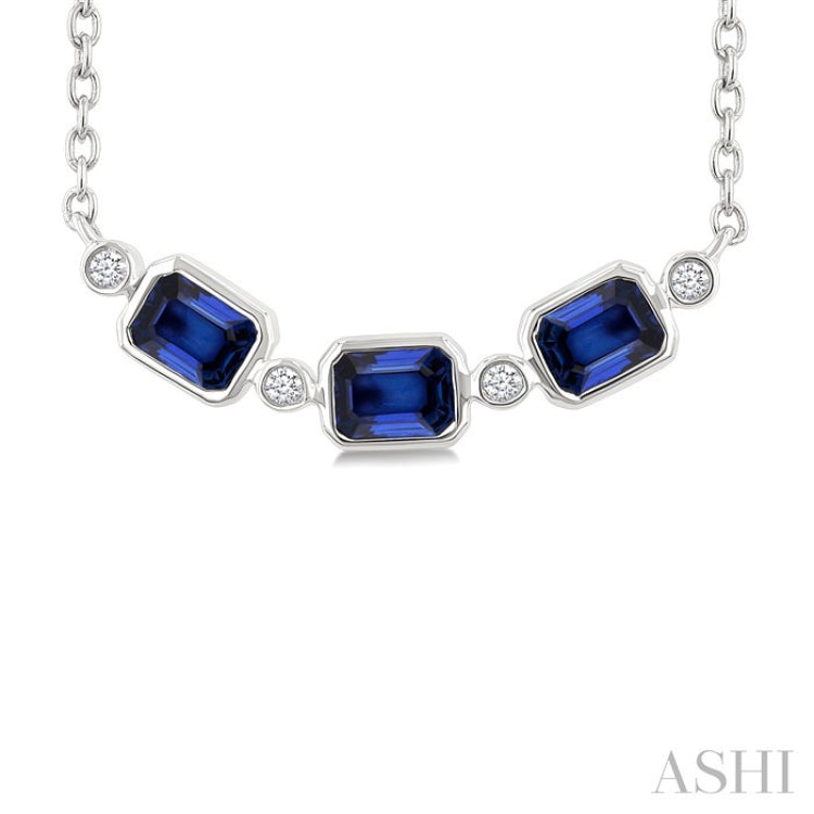 4X3MM Emerald Cut Sapphire and 1/50 Ctw Bezel Set Round Cut Diamond Precious Fashion Necklace in 10K White Gold