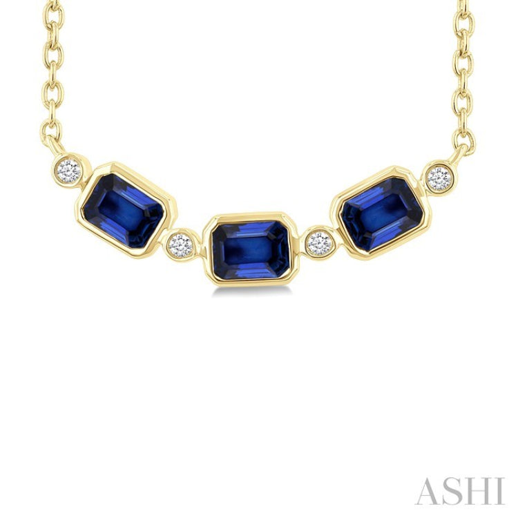 4X3MM Emerald Cut Sapphire and 1/50 Ctw Bezel Set Round Cut Diamond Precious Fashion Necklace in 10K Yellow Gold