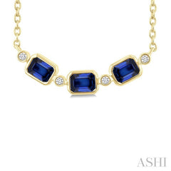 4X3MM Emerald Cut Sapphire and 1/50 Ctw Bezel Set Round Cut Diamond Precious Fashion Necklace in 10K Yellow Gold
