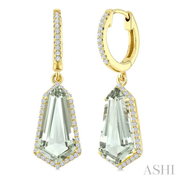 14X7 MM Evoque Gemstones Shield Shape Green Amethyst and 3/8 Ctw Round Cut Diamond Semi-Precious Earrings in 14K Yellow Gold