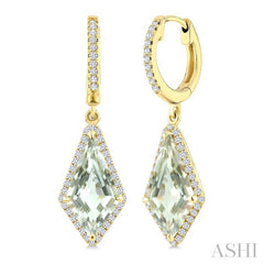 14X7 MM Evoque Gemstones Kite Shape Green Amethyst and 1/3 Ctw Round Cut Diamond Semi-Precious Earrings in 14K Yellow Gold