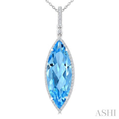 22X8 MM Evoque Gemstones Marquise Shape Blue Topaz and 1/4 Ctw Round Cut Diamond Semi-Precious Pendant With Chain in 14K White Gold