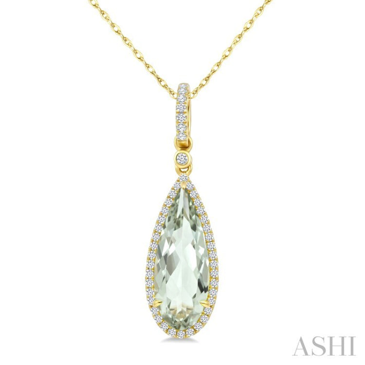 16X6 MM Evoque Gemstone Pear Shape Green Amethyst and 1/5 Ctw Round Cut Diamond Semi-Precious Pendant With Chain in 10K Yellow Gold