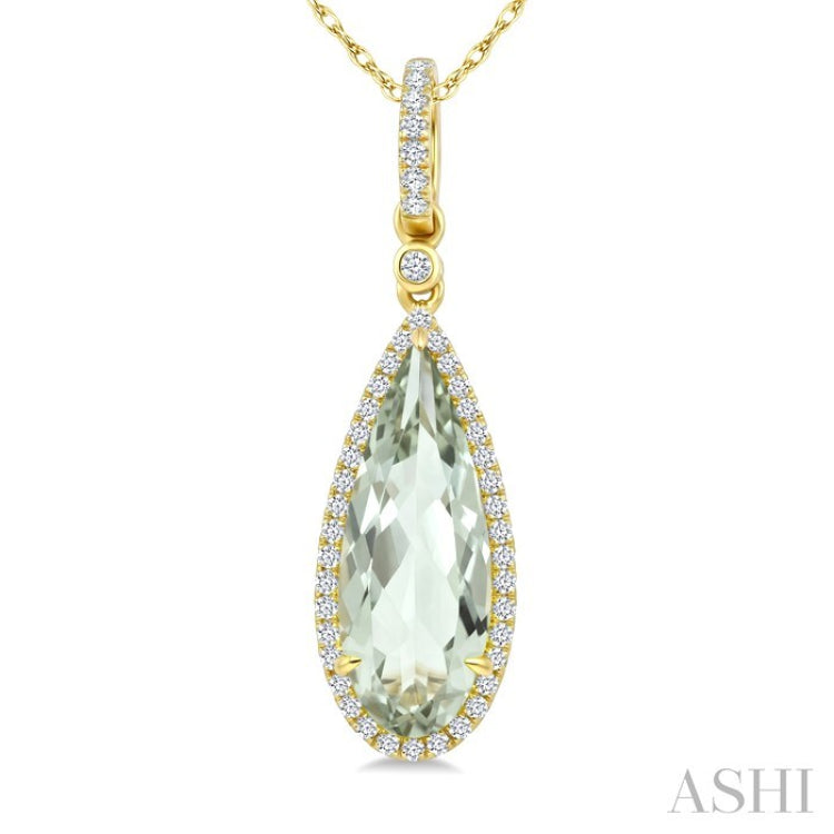 16X6 MM Evoque Gemstone Pear Shape Green Amethyst and 1/5 Ctw Round Cut Diamond Semi-Precious Pendant With Chain in 10K Yellow Gold
