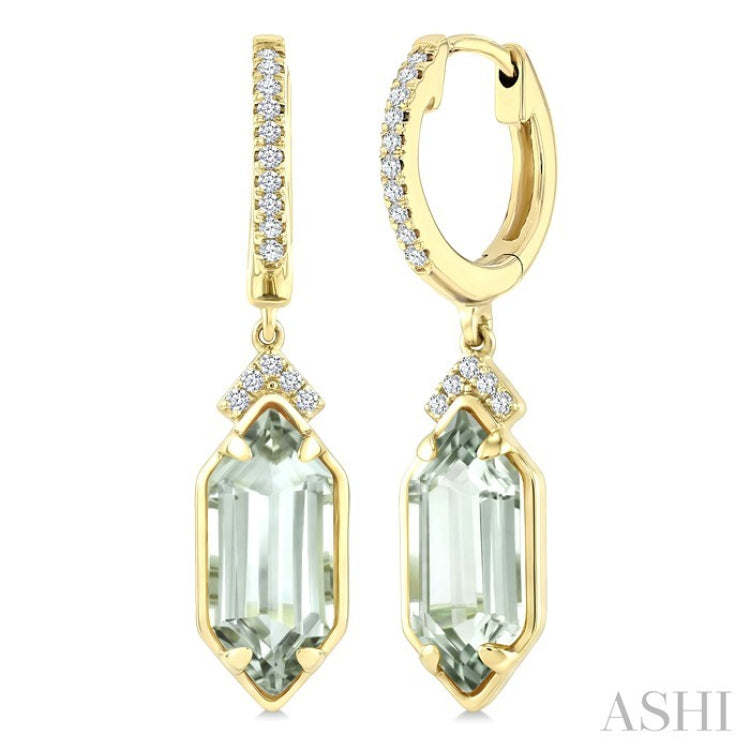 12X5 MM Evoque Gemstones Hexagon Shape Green Amethyst and 1/6 Ctw Round Cut Diamond Semi-Precious Earrings in 10K Yellow Gold