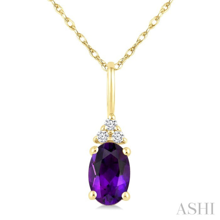 1/50 Ctw Oval Cut 6X4 MM Amethyst and Round Cut Diamond Semi Precious Pendant With Chain in 10K Yellow Gold