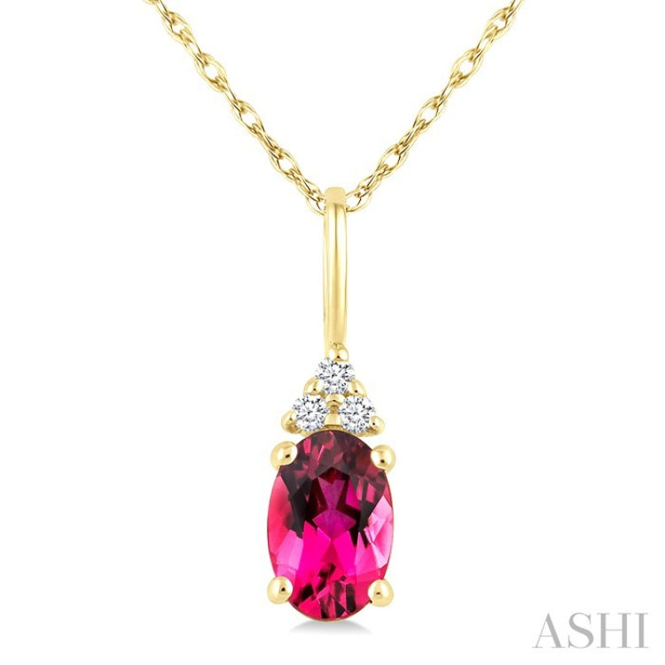 1/50 Ctw Oval Cut 6X4 MM Pink Tourmaline and Round Cut Diamond Semi-Precious Pendant With Chain in 10K Yellow Gold