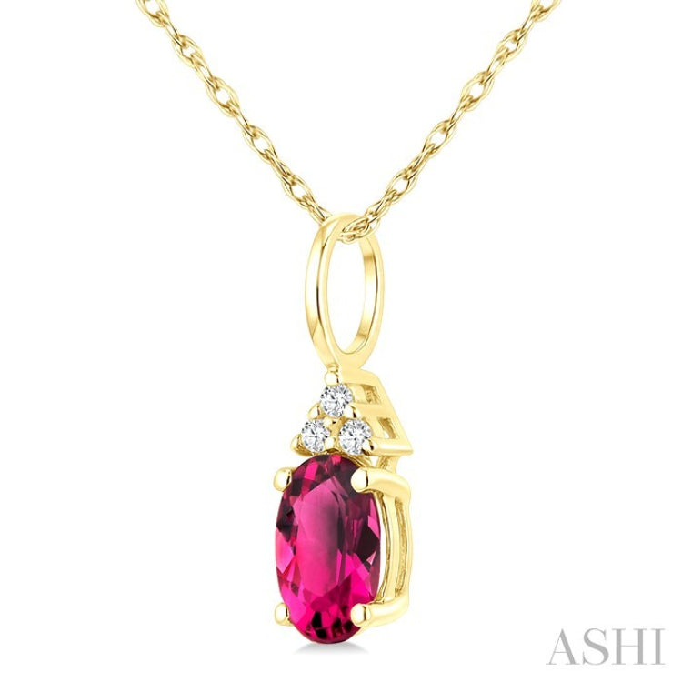 1/50 Ctw Oval Cut 6X4 MM Pink Tourmaline and Round Cut Diamond Semi-Precious Pendant With Chain in 10K Yellow Gold
