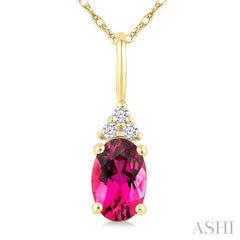 1/50 Ctw Oval Cut 6X4 MM Pink Tourmaline and Round Cut Diamond Semi-Precious Pendant With Chain in 10K Yellow Gold