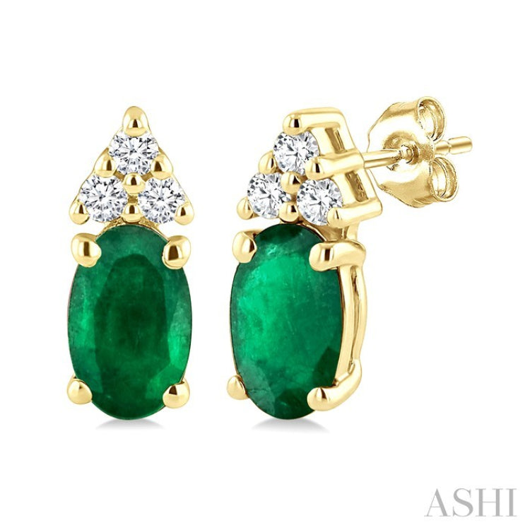 1/20 Ctw Oval Cut 5X3 MM Emerald and Round Cut Diamond Precious Earrings in 10K Yellow Gold