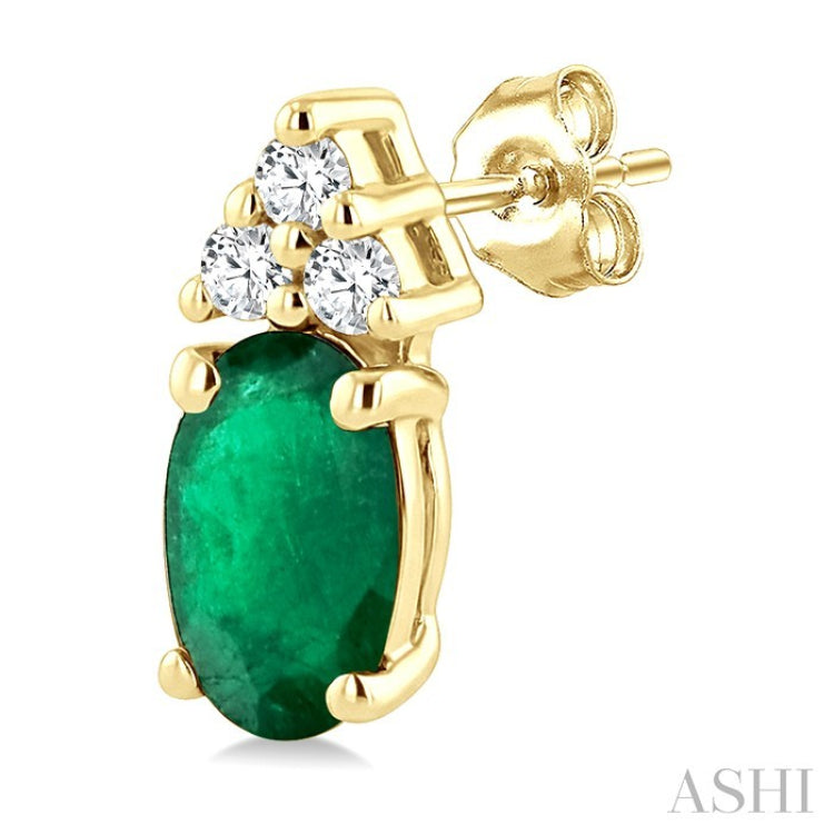 1/20 Ctw Oval Cut 5X3 MM Emerald and Round Cut Diamond Precious Earrings in 10K Yellow Gold
