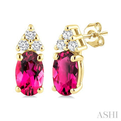 1/20 Ctw Oval Cut 5X3 MM Pink Tourmaline and Round Cut Diamond semi-precious Earrings in 10K Yellow Gold
