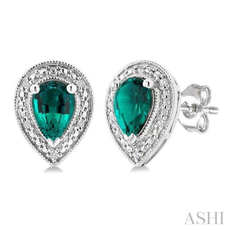 6X4 MM Pear Shape Lab-Created Emerald and 1/50 Ctw Round Cut Diamond Precious Earrings in Sterling Silver