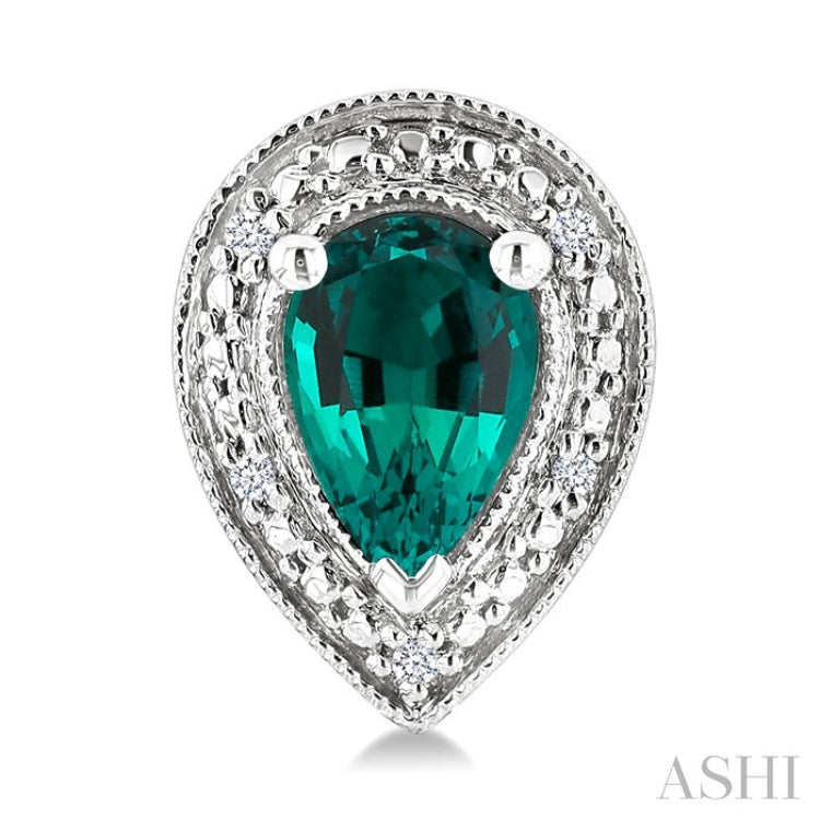 6X4 MM Pear Shape Lab-Created Emerald and 1/50 Ctw Round Cut Diamond Precious Earrings in Sterling Silver