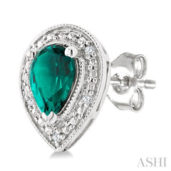 6X4 MM Pear Shape Lab-Created Emerald and 1/50 Ctw Round Cut Diamond Precious Earrings in Sterling Silver
