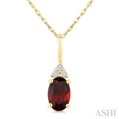 1/50 Ctw Oval Cut 6X4 MM Garnet and Round Cut Diamond Semi-Precious Pendant With Chain in 10K Yellow Gold