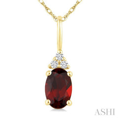 1/50 Ctw Oval Cut 6X4 MM Garnet and Round Cut Diamond Semi-Precious Pendant With Chain in 10K Yellow Gold