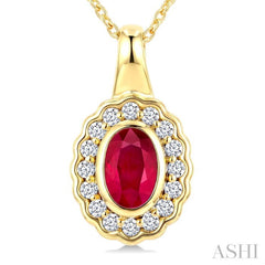 6X4 MM Oval Shape Ruby and 1/6 Ctw Round Cut Diamond Bold Precious Pendant With Chain in 10K Yellow Gold