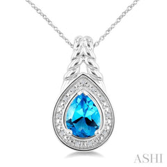 9X6MM Pear Cut Blue Topaz and 1/20 Ctw Round Cut Diamond Semi-Precious Pendant With Chain in Sterling Silver