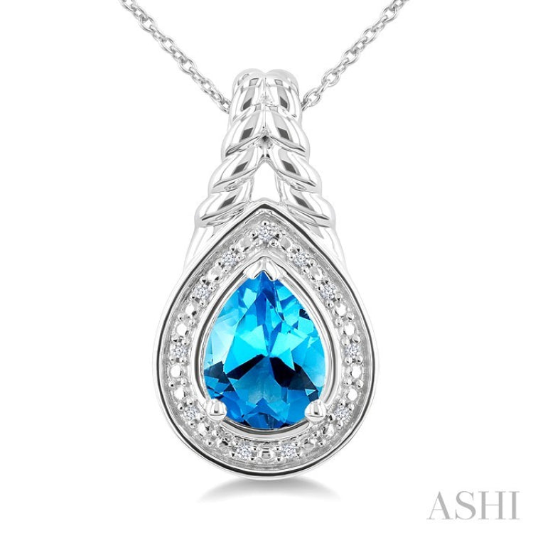 9X6MM Pear Cut Blue Topaz and 1/20 Ctw Round Cut Diamond Semi-Precious Pendant With Chain in Sterling Silver