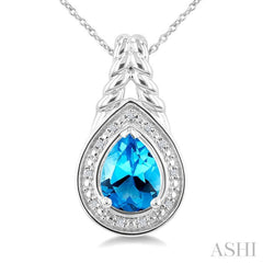 9X6MM Pear Cut Blue Topaz and 1/20 Ctw Round Cut Diamond Semi-Precious Pendant With Chain in Sterling Silver
