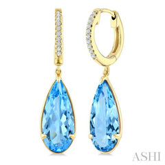 14X6 MM Evoque Gemstones Pear Shape Blue Topaz and 1/10 Ctw Round Cut Diamond Semi-Precious Earrings in 14K Yellow Gold