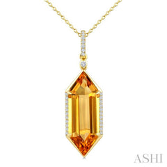 22X8 MM Evoque Gemstone Hexagon Shape Citrine and 1/6 Ctw Round Cut Diamond Semi-Precious Pendant With Chain in 14K Yellow Gold