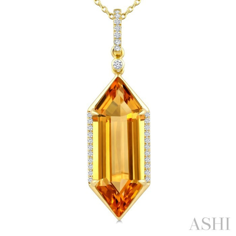 22X8 MM Evoque Gemstone Hexagon Shape Citrine and 1/6 Ctw Round Cut Diamond Semi-Precious Pendant With Chain in 14K Yellow Gold