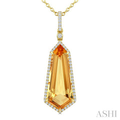 22X9 MM Evoque Gemstone Shield Shape Citrine and 1/4 Ctw Round Cut Diamond Semi-Precious Pendant With Chain in 14K Yellow Gold